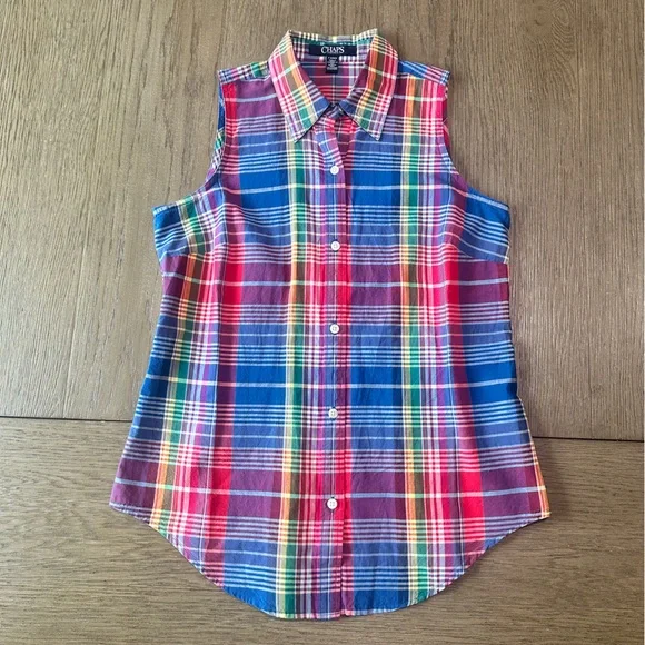 Chaps Sleeveless Button Down Vibrant Plaid Top Petite M - Picture 3 of 8